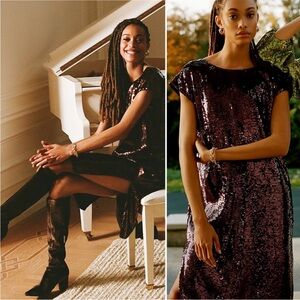 NWT Anthropologie Maeve Kara Shift Dress Brown Side Slit Sequined Dress